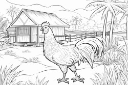 a pretty chicken house in a large field a rooster in the foreground chickens and ducks tropical vegetation in the background