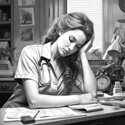 nurse hands over her face behind a desk tired