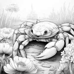 crab with snake mystical theme highly detailed black outline floral elements coloring page