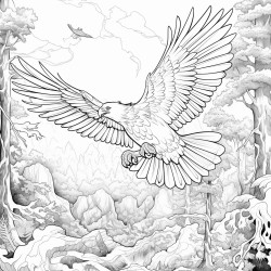 a eagle flying through a dark forest carrying a key in its beak