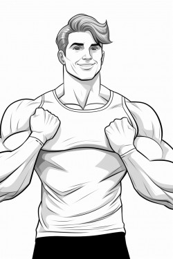 a handsome male bodybuilder in a speedo smiling and flexing his bicep