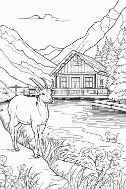 a wild goat switzerland landscape with a quaint stone house surrounded by flowers wooden dock extending into a lake