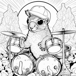 squirrel with sunglasses on playing the drums with a psychedelic background