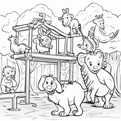 jungle animals playing on a playground anime style