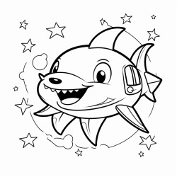 a sharks head on a black and white cats body flying in space