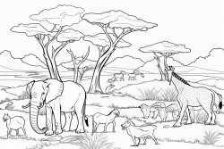 an african safari scene with 12 animals and 2 baobab trees
