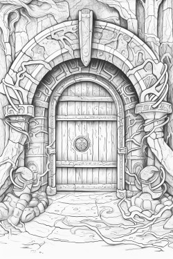 a magical doorway surrounded by swirling mist and ancient runes