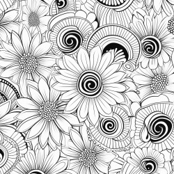 seamless pattern flowers hearts geometric shapes line art black and white mandala repeating pattern
