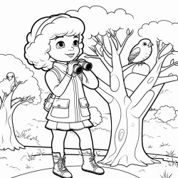 african american cute girl birdwatching holding binoculars looking into trees