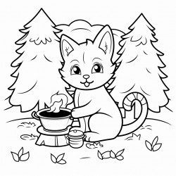 a cat cooking in the forest