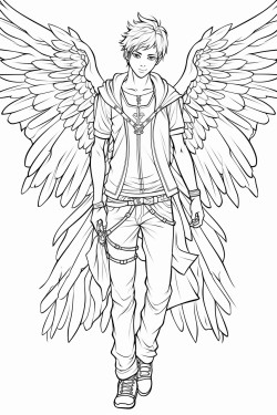teenage anime boy full body with bird wings