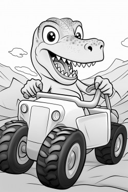 a dinosaur driving a monster truck