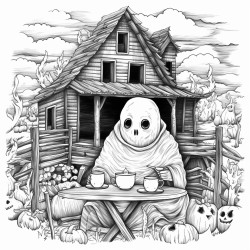 a ghost enjoying tea at a cabin