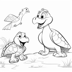 turtle with clear shell talking to a big bird