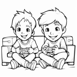 two young brothers playing video game at home