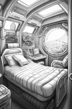 space ship cabin c bed with screens with desk space futuristic detail coloring book