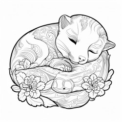calico cat sleeping with a platypus toy