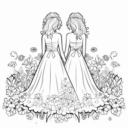 the backs of two brides in a field of flowers