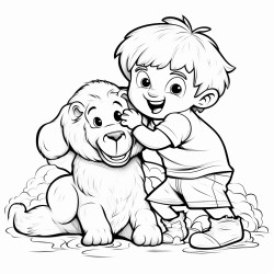 a boy wrestling a lion with a sheep in the background