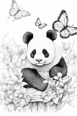 una panda jugando con mariposas en una pampa primaveral