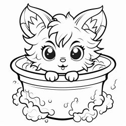 a small cat with oversized ears peeking out from an overflowing cauldron filled with bubbling potion