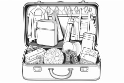 prompt travel packing an open suitcase filled with clothing beauty products and travelsized accessories coloring page