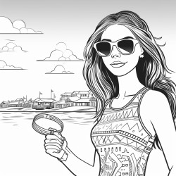 skinny woman at beach wearing bikini sunglasses holding drings