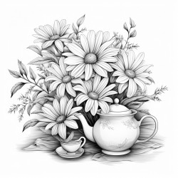daisy on stem with 3 leaves laying next to one teapot  no other flowers