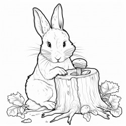 a rabbit eating a carrot in front of a tree stump