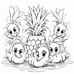 a pineapple flamingo with its friends in a river upside down pineapples hiding throughout