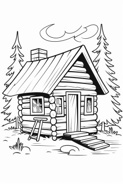 a cute rustic cabin retreat  coloring bookvector white background black and white black drawing
