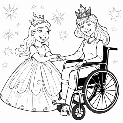 a cute princess in a wheelchair with her fairy godmother surrounded by magical sparkles