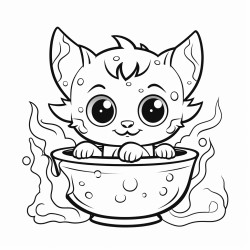 a small cat with oversized ears peeking out from an overflowing cauldron filled with bubbling potion