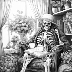 skeleton in fuzzy socks reads a book sipping tea in a cozy bedroom with string lights cobwebs and fall decor