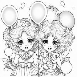 kawaii clowns with balloons and presents rainbows