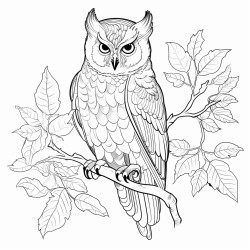 coloring page owl perched on a tree branch with leaves around no shading high details thick lines