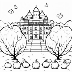 a family race acorn trees and large building in the background