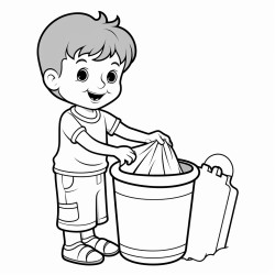 a 3 year old kid putting garbage in a trash can