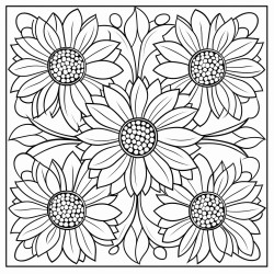 create a coloring page with clear thin line art and no shading or filled areas the design should feature only outlines of the shapes with empty spaces sunflowers and ladybugs