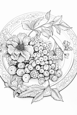 create a blackandwhite coloring page illustration featuring an clair on a beautiful plate elegantly decorated with berries the design must have maximum clarity in detail showcasing the textures layers and decorations of the clair making it suitable for coloring