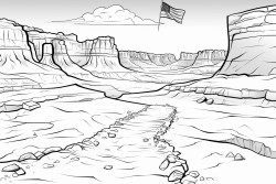 coloring page monster track with american flag on sides in the background of grand canyon
