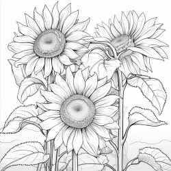 create a blackandwhite coloring page of sunflowers in full bloom use bold outlines for large petals stems and leaves vary the sizes and angles of sunflowers some facing forward others to the side for depth keep the background simple with rolling hills or minimal details ensuring large
