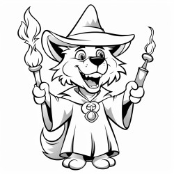 a wolf wearing a wizard hat casting spells with a wand