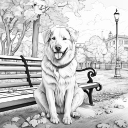a smiling dog holding a piece of paper in the background a park with trees and a bench  autumn atmosphere