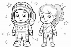 a boy and a girl put on their astronaut costumes and stand next to a rocket