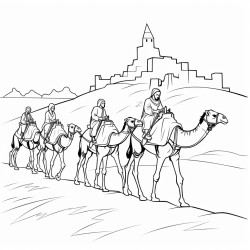 a camel caravan crossing the desert near the city walls