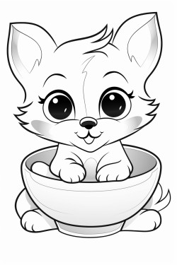 a small cat wit big ears inside a bowl of milk flowing on the floor