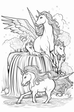 winged unicorn playing with 4 unicorn children at the waterfall