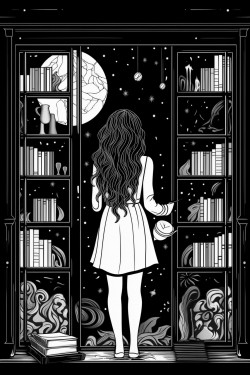 raining standing girl back window bookshelf coffee