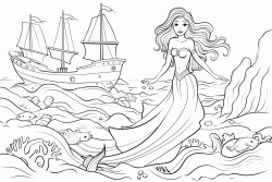 mermaid leading a drifting shipwreck gently down to settle on the ocean floor